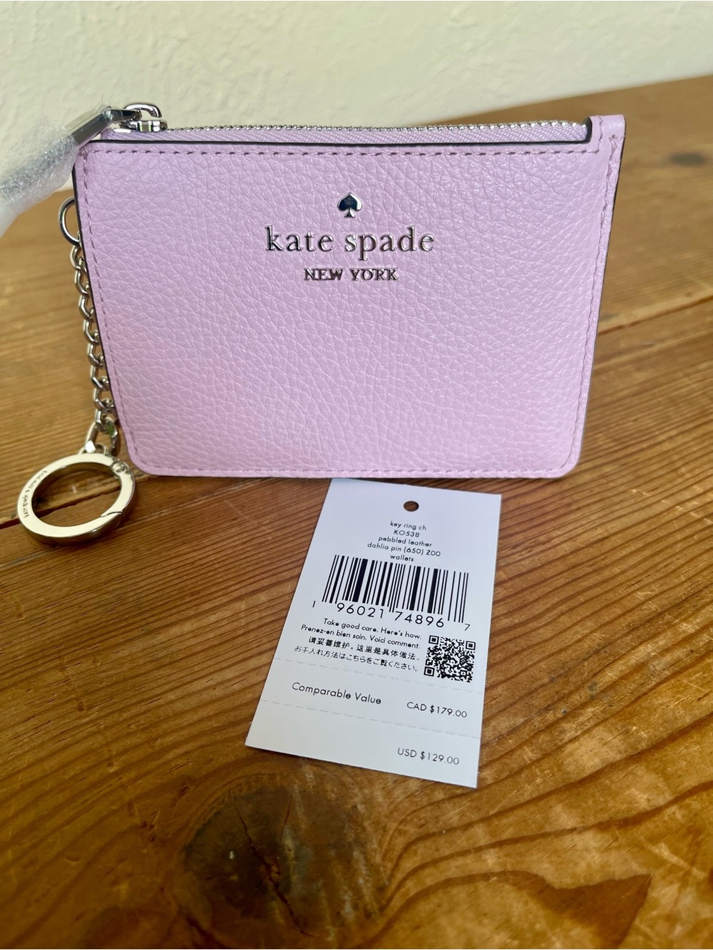 NWT Kate Spade Dahlia Pink Pebbled Leather Card Holder Keychain